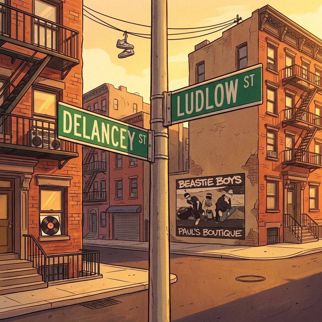 A stylized illustration of a New York City street corner with two green street signs intersecting — one pointing left, one pointing right — at the corner of a classic Lower East Side block. Brick tenement buildings frame the scene. A warm golden late-afternoon light bathes the intersection. Small details evoke the Beastie Boys