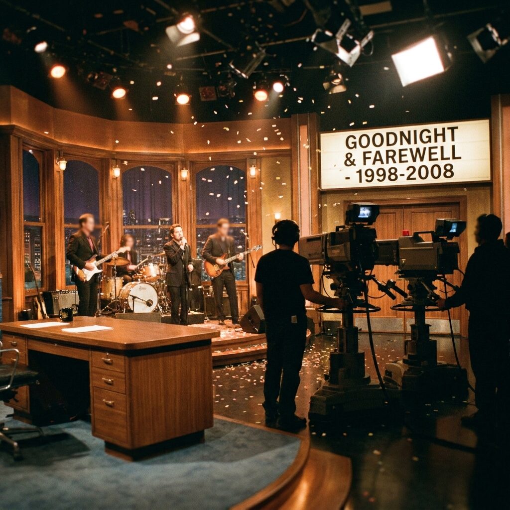 A late-night television studio set rendered in warm nostalgic tones, a band performing on a small stage with dramatic theatrical lighting, the host