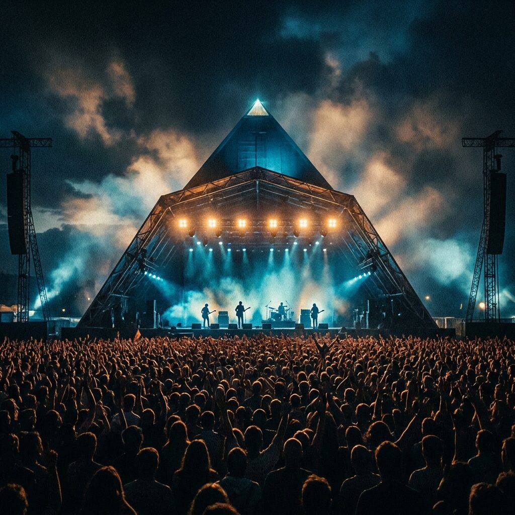A dramatic wide-angle artistic rendering of a massive outdoor festival stage at night — the iconic pyramid shape of the Glastonbury Pyramid Stage viewed from the crowd