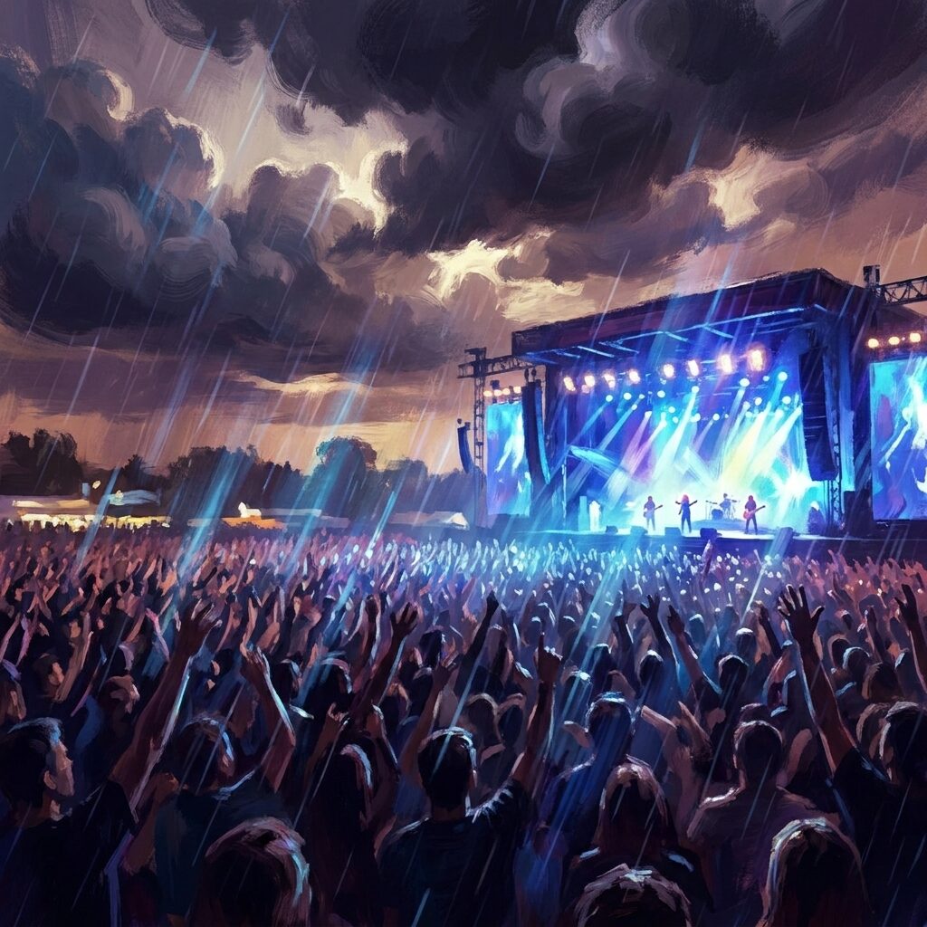 A wide atmospheric illustration of a massive outdoor festival stage at dusk, seen from within a huge crowd with thousands of raised hands and arms silhouetted against dramatic stage lighting in electric blue and white, rain falling through the light beams, the distant stage showing four small figures performing, the energy and scale of a headline festival set captured in a painterly impressionistic style, dramatic storm clouds overhead lit from below by the stage lights