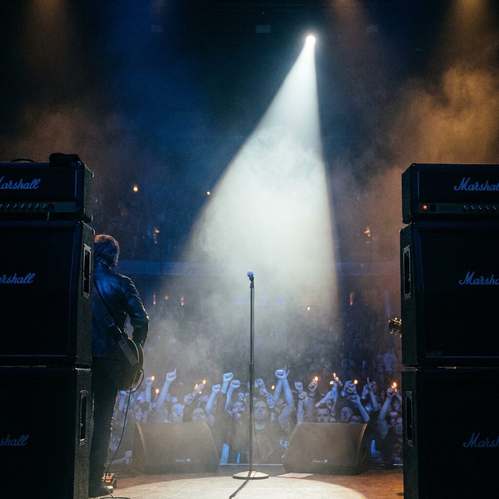 A dramatic concert stage seen from the wings, with a lone microphone stand center stage illuminated by a single white spotlight. The audience is a sea of raised fists and lighter flames stretching into darkness. Marshall amplifier stacks frame both sides of the stage. Hazy atmosphere from stage fog. The mood is both triumphant and melancholic — a performer about to step into someone else