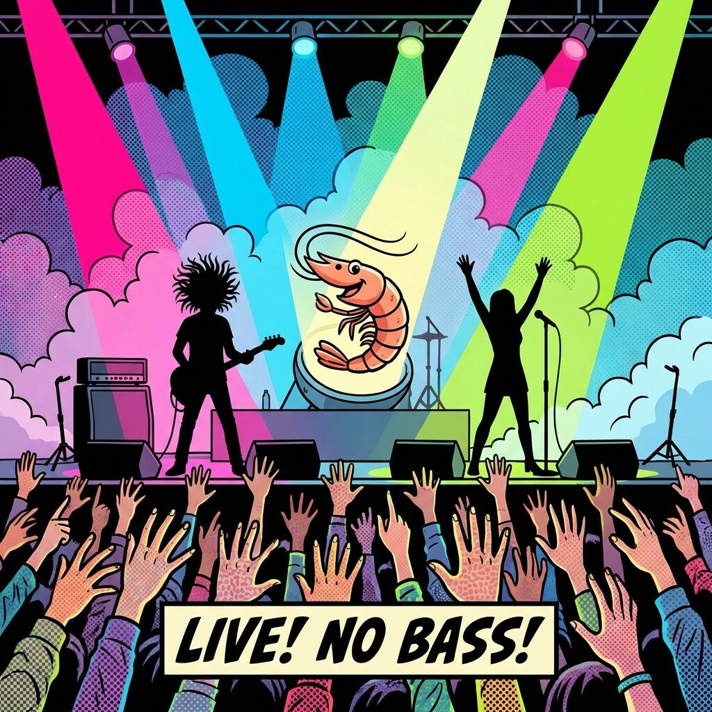 A stylized artistic rendering of a vibrant live concert stage from the audience perspective. Elaborate, colorful light beams — hot pink, electric blue, lime green — cut through theatrical haze. On stage, two figures are silhouetted: one behind a guitar with wild hair, the other at the microphone with arms raised. Between them, a giant comedic shrimp figurine is bathed in spotlight. The stage notably has no bass player or bass amp — the setup is deliberately sparse despite the elaborate lighting. The crowd below is a sea of reaching hands. Pop art style with bold outlines and saturated colors.