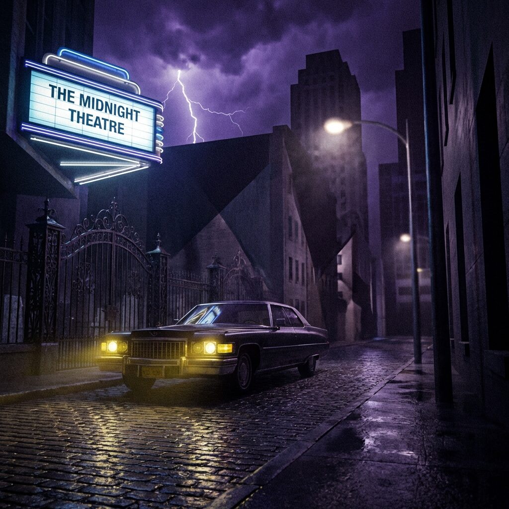 A stylized nocturnal New York City streetscape, 1970s atmosphere: a long dark Cadillac with its headlights on parked beside a wrought-iron cemetery gate, a neon marquee sign glowing overhead casting blue-white light, lightning flickering in a dark purple sky, wet pavement reflecting the lights, film noir shadows and angles, moody and mysterious urban atmosphere.