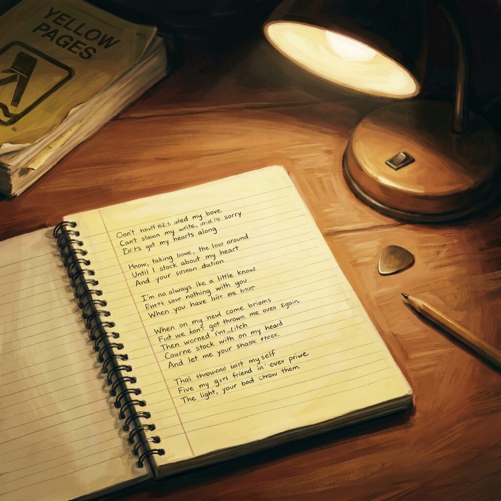 An open spiral notebook resting on warm-toned wood, handwritten song lyrics on yellow-tinted paper, a Yellow Pages directory just visible at the frame