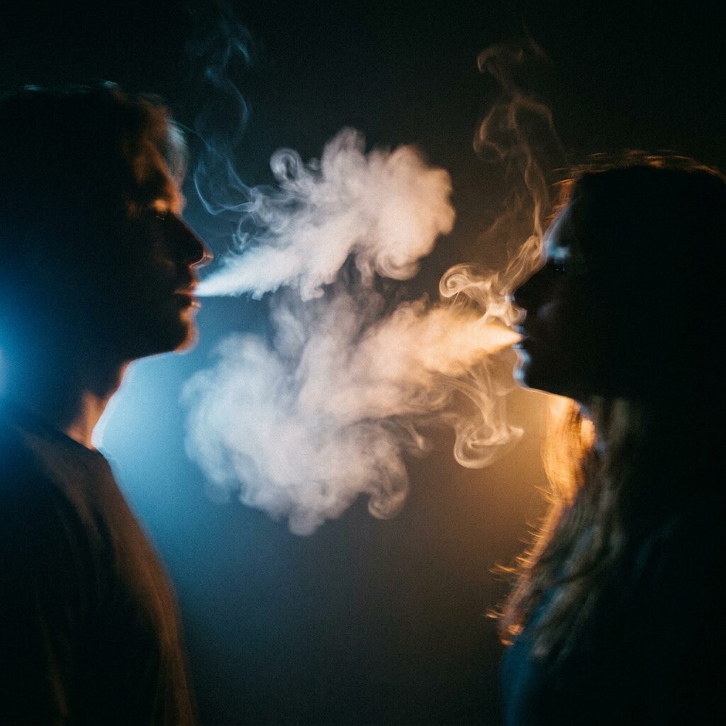 Two silhouetted figures facing each other in a dark room, breathing visible in cold air between them, one exhaling while the other inhales, soft blue and warm amber light creating a contrast between them, dreamlike atmosphere with slight motion blur, intimate close composition, abstract and emotional, no identifiable faces