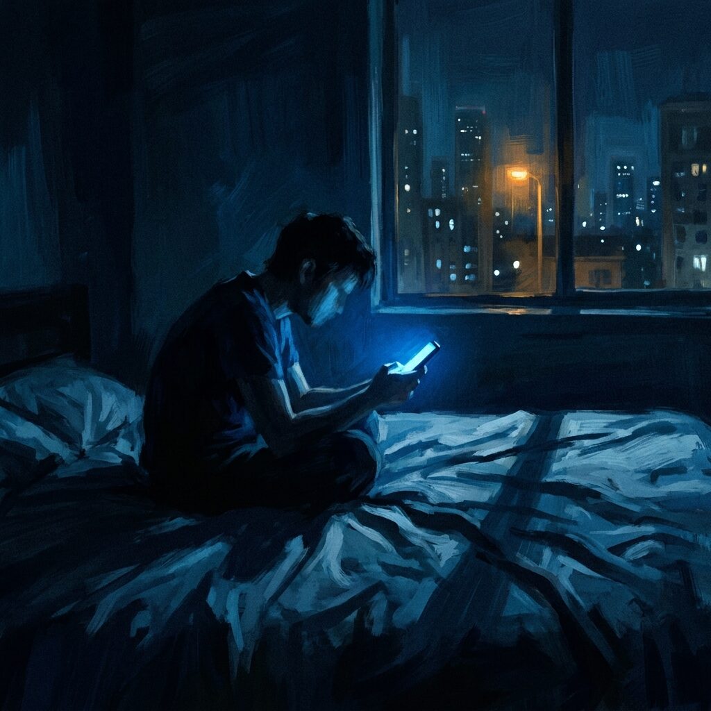 A solitary figure sitting on the edge of a bed in a dark room at 3 AM, illuminated only by the blue glow of a phone screen. The window shows a city skyline at night with scattered lights. Long shadows stretch across rumpled sheets. The figure is hunched forward, contemplative, face obscured. Moody blue and black color palette with one warm amber streetlight visible through the window. Artistic, slightly impressionistic style. No text.