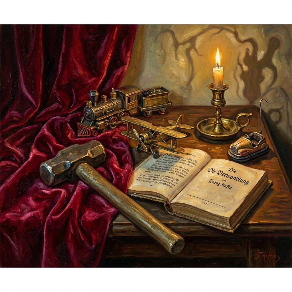 A surrealist still life painting showing a sledgehammer, a toy steam train, a model aeroplane, and a bumper car arranged on a velvet cloth alongside an open copy of Kafka