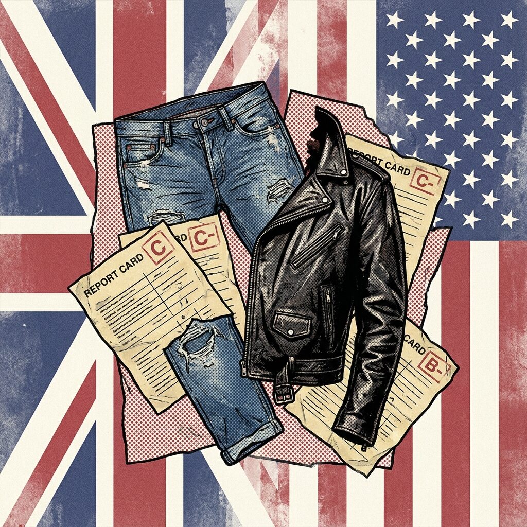 An artistic collage-style illustration showing American cultural symbols in a deconstructed arrangement: a pair of blue jeans, a vintage leather jacket reminiscent of 1950s rebel culture, scattered report cards showing mediocre grades, all arranged against a backdrop split between a British Union Jack and American Stars and Stripes, both flags fading and blending into each other, rendered in a pop art style with Ben-Day dots and bold outlines, muted red white and blue palette