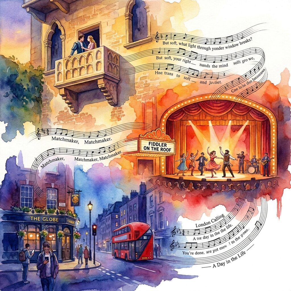 A surreal artistic composition showing three nested scenes: a Shakespearean stone balcony at the top, a 1960s Broadway stage in the middle, and a modern London street corner at the bottom, connected by flowing musical staff lines and scattered lyrics, warm twilight colors blending from golden to deep blue, dreamlike watercolor style