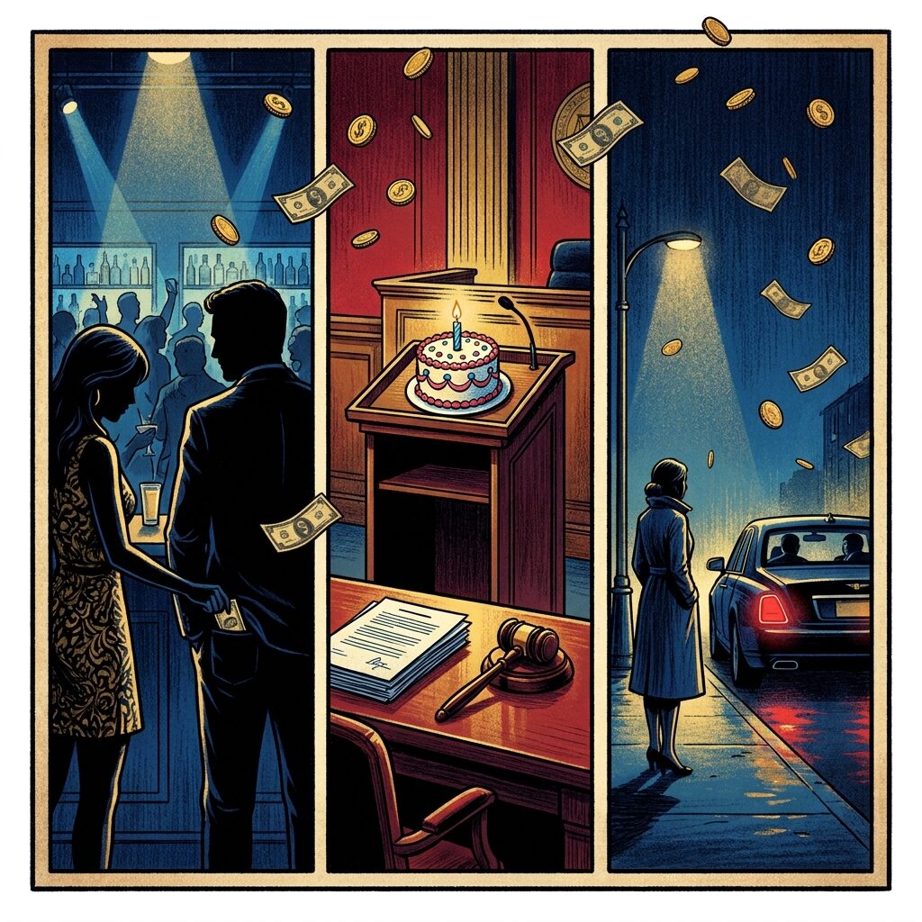 A stylized triptych illustration showing three scenes: on the left, a woman in silhouette reaching into a man