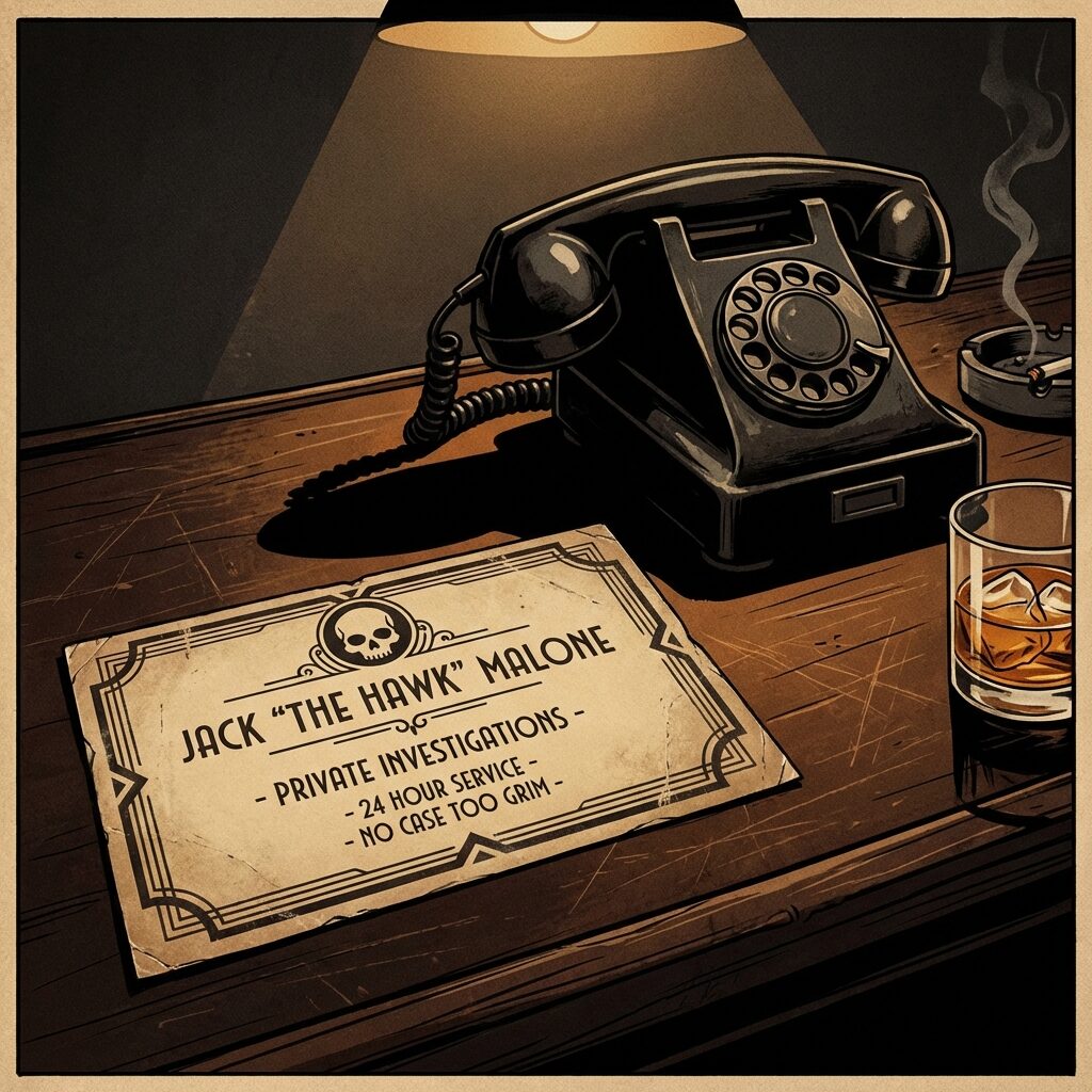 A noir-style business card on a dark wooden bar counter, with a rotary telephone beside it. The card has an art deco design with a skull motif. A glass of whiskey sits nearby. Dramatic film noir lighting — sharp shadows, a single overhead light source. 1940s detective movie aesthetic blended with 1970s rock grit. Muted color palette of deep browns, amber, and shadow. Stylized illustration style reminiscent of vintage pulp novel covers.