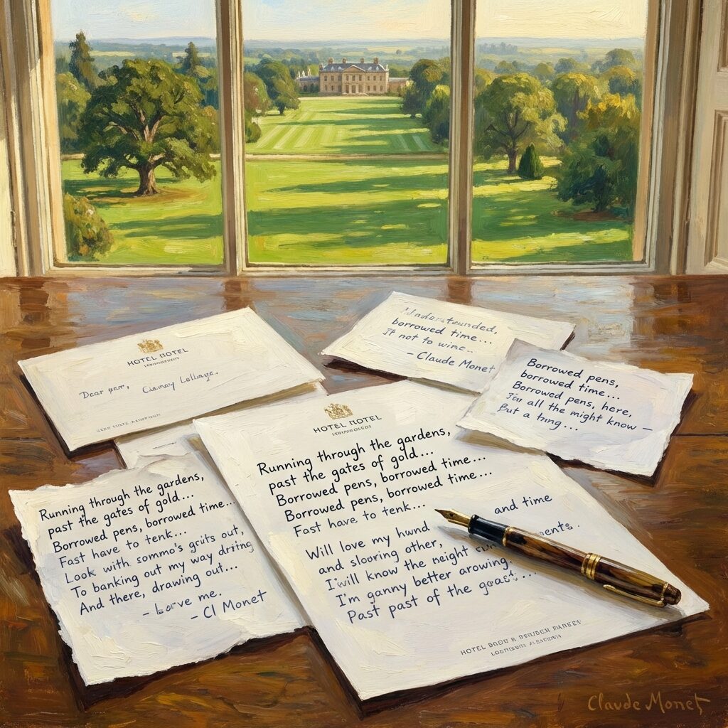 A stylized artistic scene of handwritten lyrics on scattered hotel stationery and note paper, spread across a wooden desk. A pen rests on one page. The handwriting is loose and creative. Through a window behind the desk, a vast green estate stretches to the horizon — manicured lawns and old trees, suggesting wealth and privilege. The contrast between the humble scraps of paper and the grand view is the focal point. Warm afternoon light. Painterly impressionist style. Square composition.