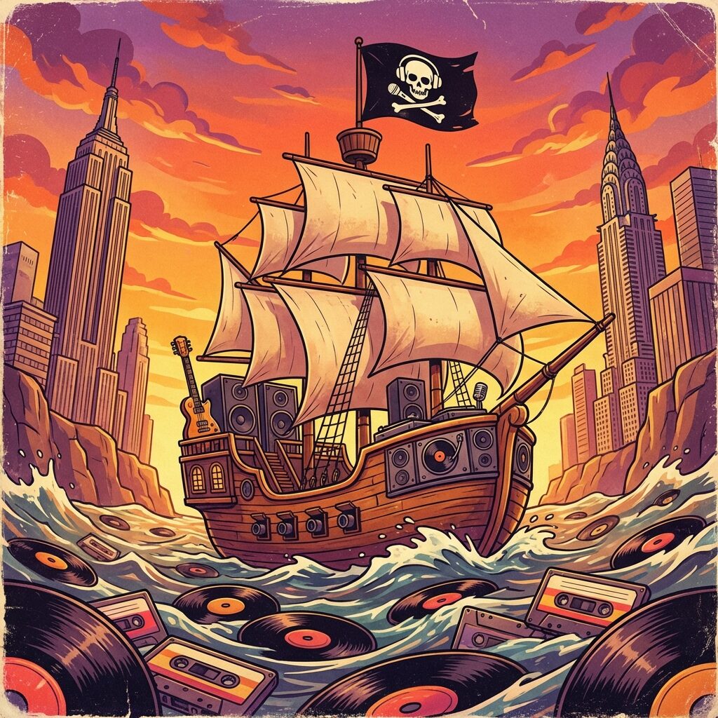 A stylized illustration of a pirate ship sailing through an urban cityscape — the ocean replaced by a sea of vinyl records and cassette tapes. The ship flies a Jolly Roger flag. New York City skyscrapers rise in the background like cliffs. The sky is a vivid sunset in orange and purple. The style is bold and playful, like a hip-hop album insert crossed with a storybook illustration. Warm, saturated colors with a slightly retro 1980s aesthetic.