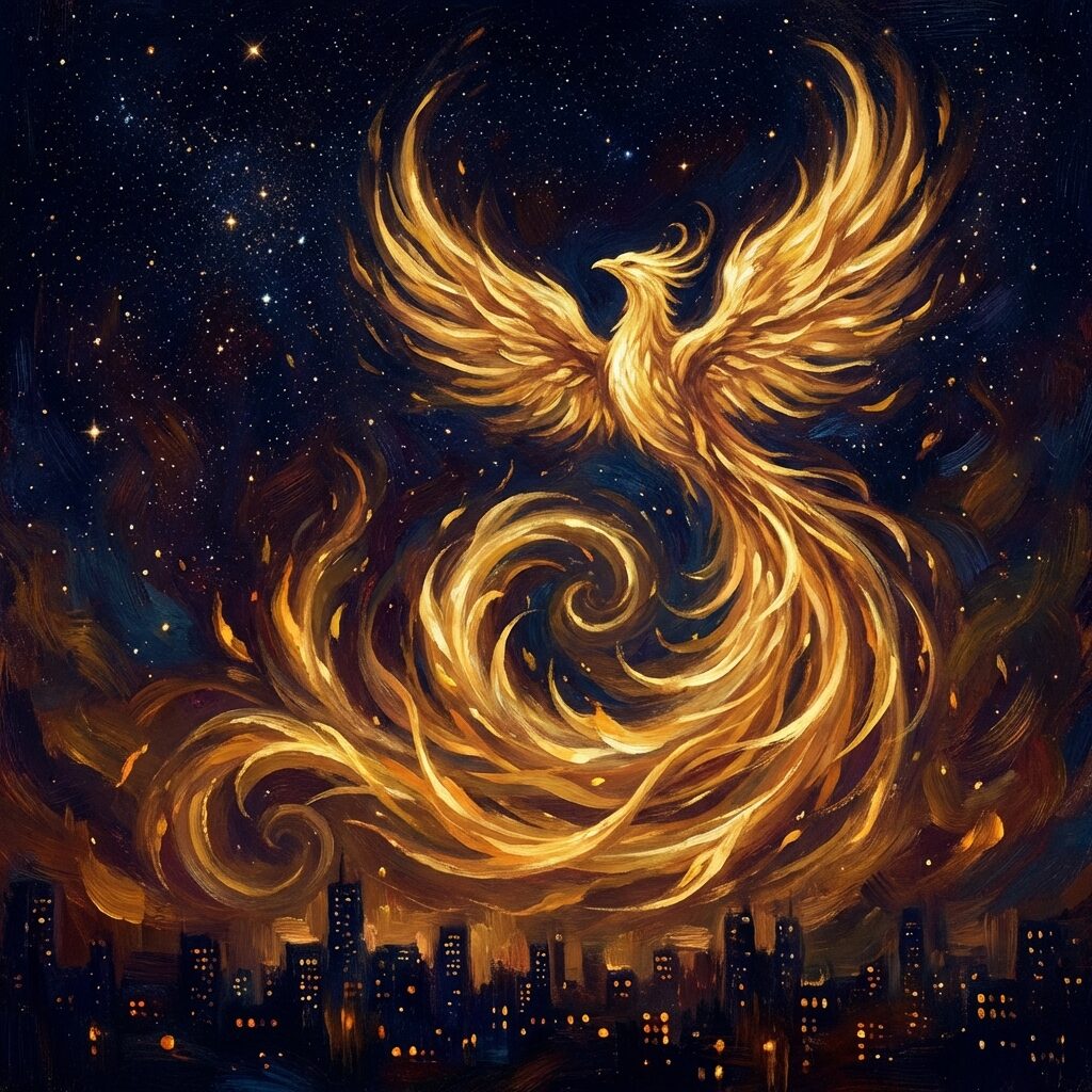 A stylized mythological phoenix made of golden and amber light, rising upward in a swirl of warm flame-like energy against a deep indigo night sky filled with stars. Below the phoenix, a silhouetted city skyline with tiny glowing windows suggests a night that never ends. The mood is euphoric and eternal — capturing the feeling of a perfect moment suspended in time. Rich warm golds against cool deep blues, painterly brushstrokes, slightly abstract. No text.