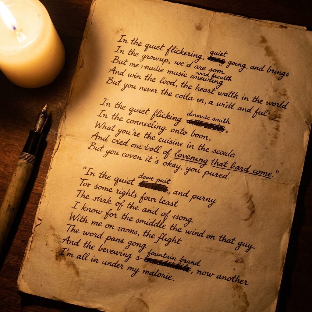A handwritten page of song lyrics on aged yellowed paper, fountain pen ink slightly smudged, a few words crossed out and rewritten, warm candlelight illuminating the page from the side, intimate and private atmosphere, seen from above as if someone just set down the pen, soft shadows
