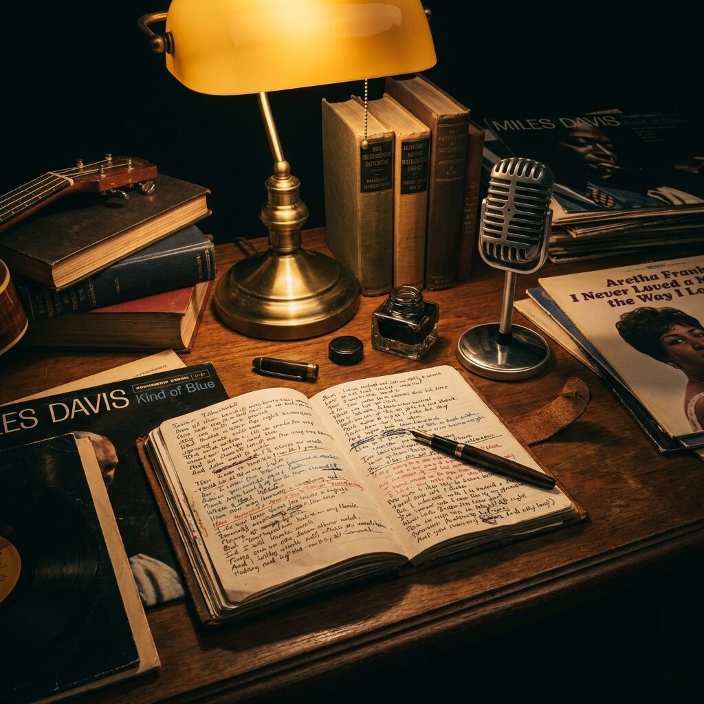 A stylized artistic scene of a handwritten lyric notebook open on a wooden desk, pages filled with dense handwriting in multiple colors of ink, a vintage microphone standing nearby, scattered reference books and vinyl album covers visible including jazz and soul records, warm desk lamp casting golden light, inkwell and fountain pen, moody atmospheric lighting with deep shadows, artistic still life composition, square format