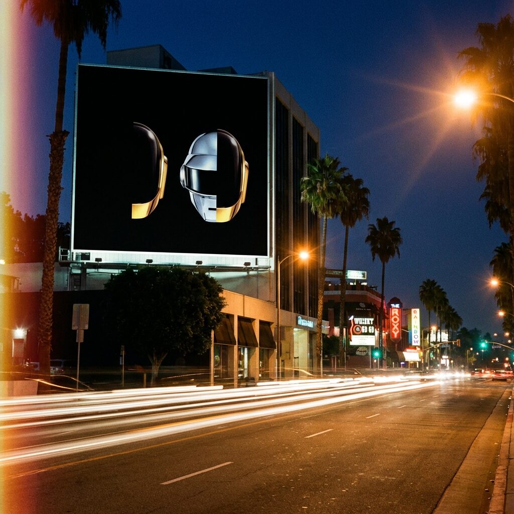 A stylized nighttime scene on the Sunset Strip in Los Angeles, 1970s billboard aesthetic. A massive illuminated billboard on a building shows two abstract robot helmet silhouettes in gold and silver against black. Below, the street is alive with car headlight trails in long exposure. Palm trees frame the scene. Neon signs glow in the distance. The mood is mysterious and anticipatory — something big is about to happen. Warm amber streetlights contrast with cool blue night sky. Retro film photography feel. No text on the billboard, no recognizable faces.