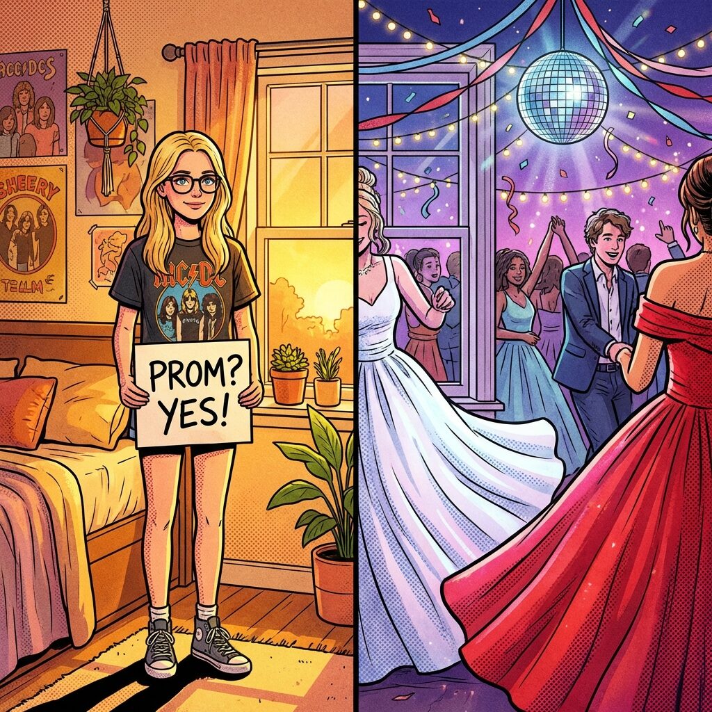 A stylized artistic split-screen composition of a high school scene: on the left, a blonde girl with glasses in a T-shirt and sneakers holding up a handwritten sign by a bedroom window, warm cozy lighting; on the right, through the adjacent window, a dreamy scene of a school prom with white and red dresses visible, fairy lights and streamers, late 2000s teen aesthetic, illustrated in a vibrant pop-art style