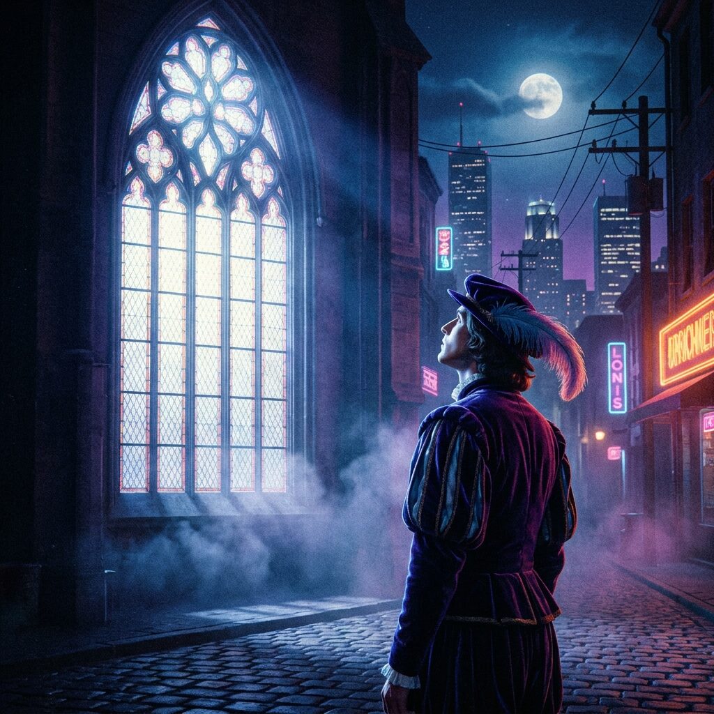 A stylized scene of a figure in Renaissance-inspired clothing standing beneath an ornate window at night, looking up, with a modern city skyline faintly visible in the background, blending Shakespearean romance with 1980s urban atmosphere, dramatic moonlight, cinematic film grain, slightly surreal composition, vintage music video aesthetic
