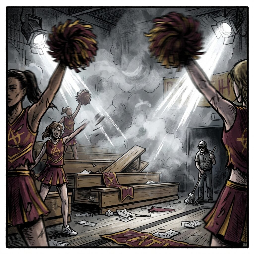 A chaotic high school gymnasium scene rendered in a stylized, gritty illustration style. Cheerleaders with anarchist symbols on their uniforms wave pom-poms amid a swirling, smoky atmosphere. Overturned bleachers, scattered papers, and dramatic stage lighting cutting through haze. A lone janitor figure stands bewildered in the corner with a mop. The lighting is dramatic and cinematic — shafts of light piercing through smoke machines, creating a moody, rebellious atmosphere. Color palette is dark with punches of school colors (maroon and gold) and harsh white spotlight beams. Square format, graphic novel illustration style with high energy and motion blur.