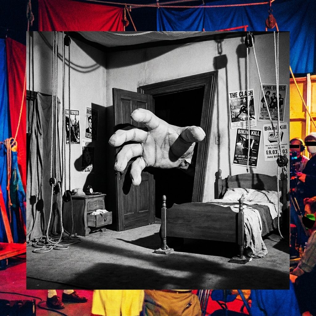 A surreal dreamlike bedroom scene with exaggerated proportions, an enormous oversized hand reaching through a doorway, black and white photography transitioning to vivid color at the edges of the frame, practical movie effects aesthetic with visible theatrical staging, 1990s indie film quality, dramatic shadows, punk rock posters on walls, no identifiable real faces