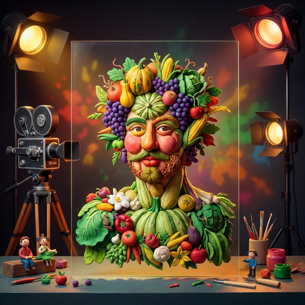 A stylized artistic scene of claymation fruits and vegetables arranged in the shape of a human face on a sheet of glass, in the style of Giuseppe Arcimboldo, with stop-motion animation equipment visible in the background — a 16mm camera on a tripod, studio lights, and small clay figures on a workbench, warm theatrical lighting with splashes of vivid fruit colors against a dark studio background, whimsical and surreal mood