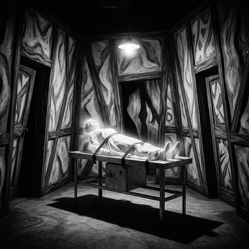 A surreal black and white scene in German Expressionist style showing the interior of a distorted old house with impossible angles and warped doorways, a glowing ethereal figure strapped to a laboratory table in the center of the room, harsh shadows cast by a single overhead light, the walls seeming to breathe and close in, dramatic chiaroscuro lighting, the aesthetic of early horror cinema meets music video production, high contrast monochrome
