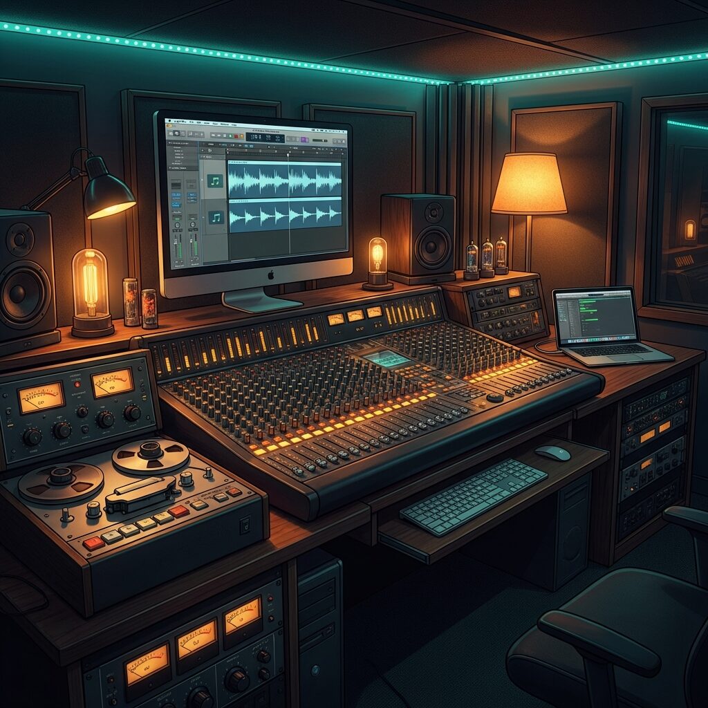 A close-up of a mixing console in a dimly lit recording studio, faders and knobs in warm amber light, a waveform display on a monitor showing a repeating four-bar pattern, vintage analog equipment alongside a modern laptop running Logic Pro, moody atmospheric lighting with teal and orange tones, square composition, hyper-detailed illustration style