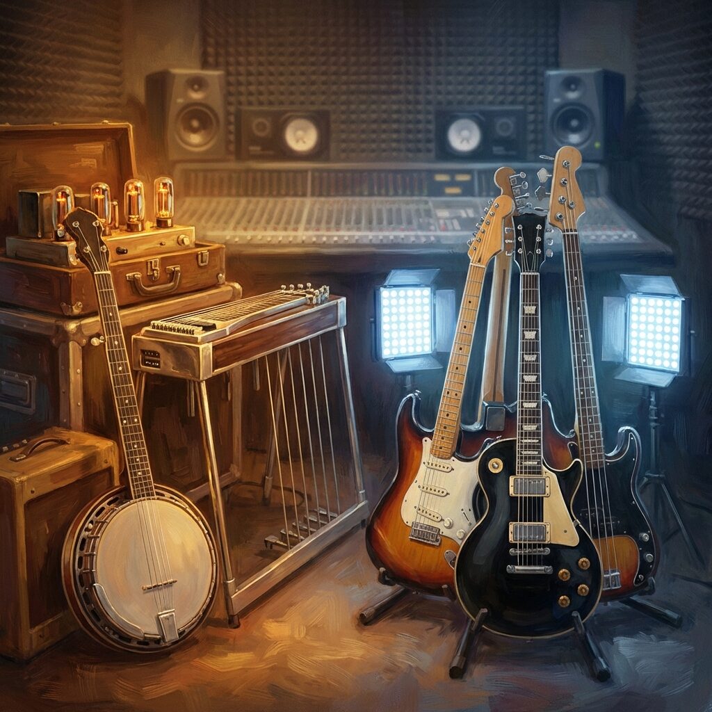A stylized artistic still life of musical instruments arranged in a recording studio: a banjo and pedal steel guitar on the left side bathed in warm amber light, transitioning across the image to electric guitars and a bass guitar on the right side under cooler blue-white light, suggesting the genre shift within a single song, studio monitors and mixing board faintly visible in background, rich detail, painterly illustration style
