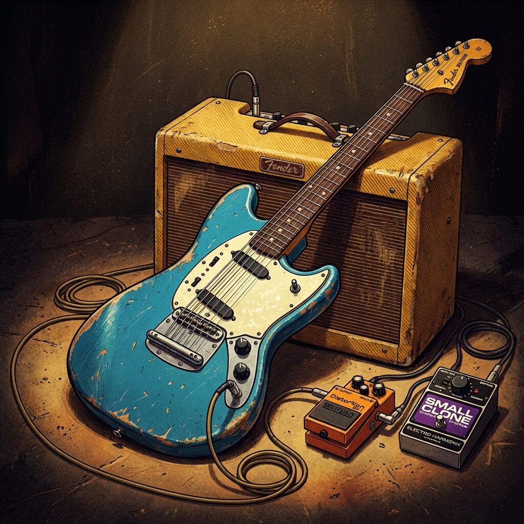 A close-up, stylized illustration of a vintage Fender Mustang electric guitar in Lake Placid Blue, lying on its side on a worn amplifier. A Boss DS-1 distortion pedal and an Electro-Harmonix Small Clone chorus pedal sit nearby, connected by coiled patch cables. The scene is lit by a single warm spotlight from above, casting dramatic shadows. The guitar