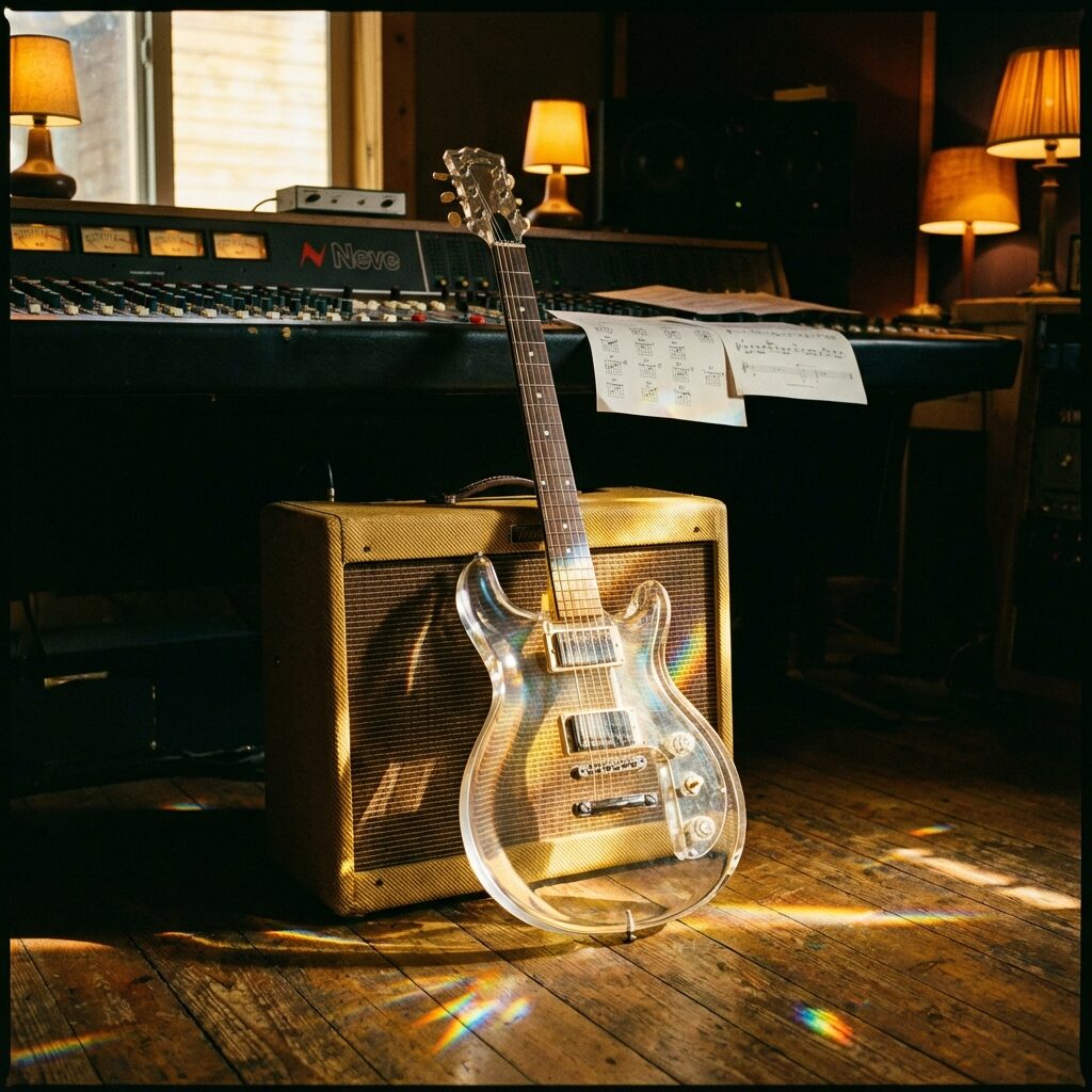 A stylized close-up of a clear plexiglass electric guitar resting on a vintage amplifier in a warm-lit studio. Golden light reflects through the transparent body of the guitar, casting prismatic patterns on the wooden floor. Behind it, a Neve mixing console with illuminated VU meters, and scattered sheet music with chord diagrams. The mood is intimate and analytical — beauty in the details. Rich amber and gold tones with deep shadows. No text, no recognizable faces.
