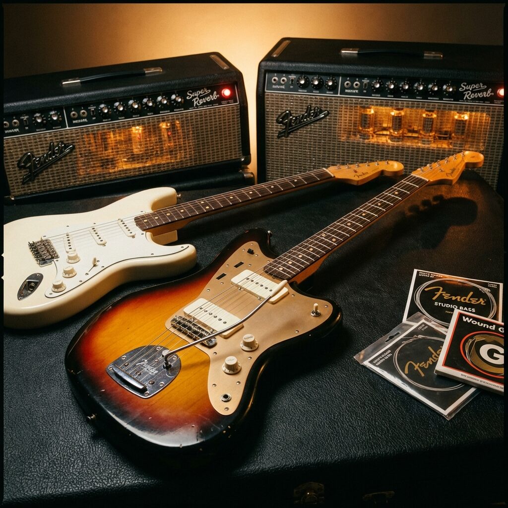 A stylized arrangement of vintage guitar gear: a sunburst 1958 Fender Jazzmaster with anodized aluminum pickguard lying on a dark surface next to a white Fender Stratocaster, two blackface Fender Super Reverb amplifiers glowing warmly in the background, heavy gauge guitar strings in their packaging nearby, warm studio lighting with dramatic shadows, photorealistic detail on the instruments, no text.