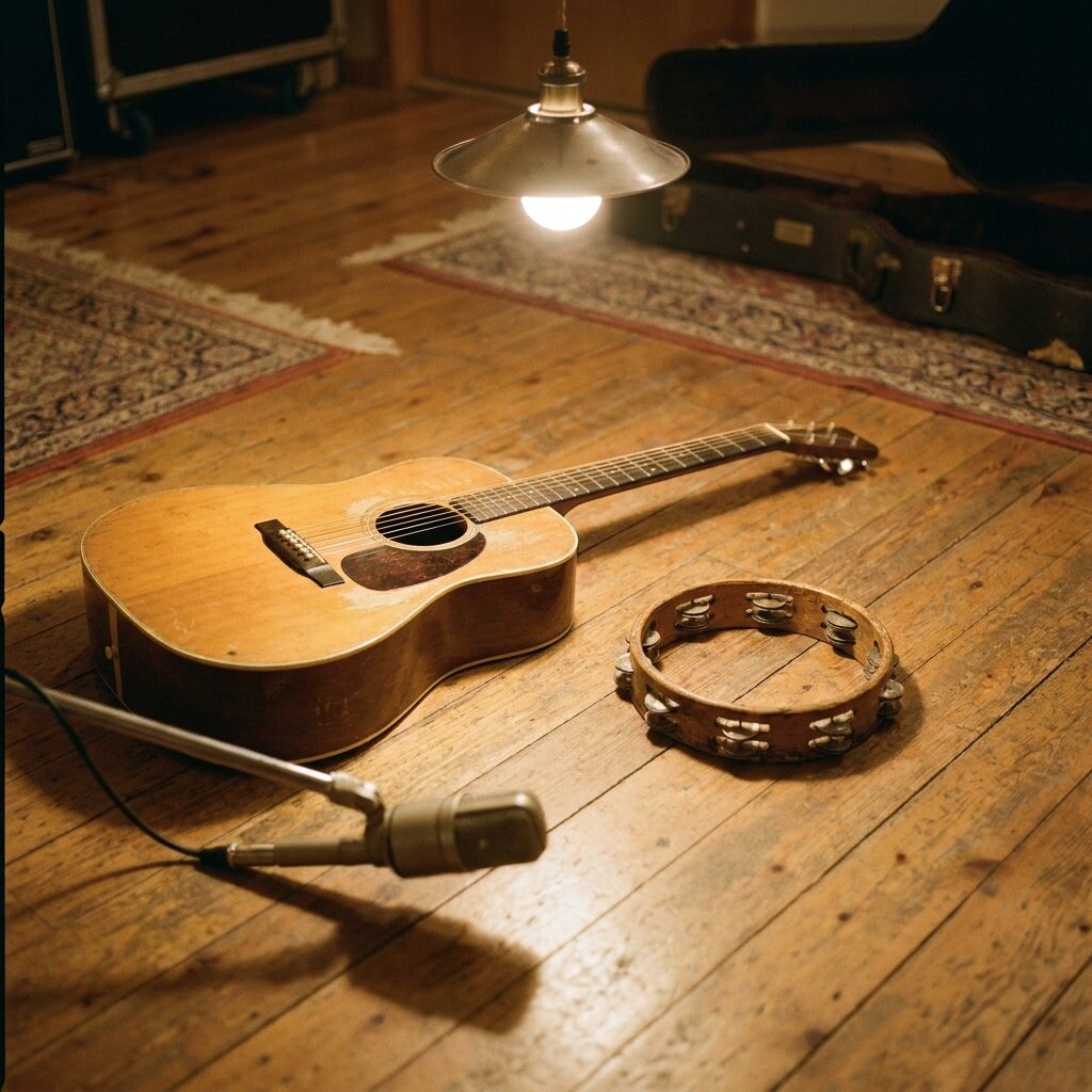A vintage acoustic guitar and a single tambourine resting on a wooden studio floor, warm golden light from a single overhead lamp, a microphone on a low stand nearby casting a soft shadow, intimate atmosphere, close-up composition suggesting quiet late-night recording, muted warm tones