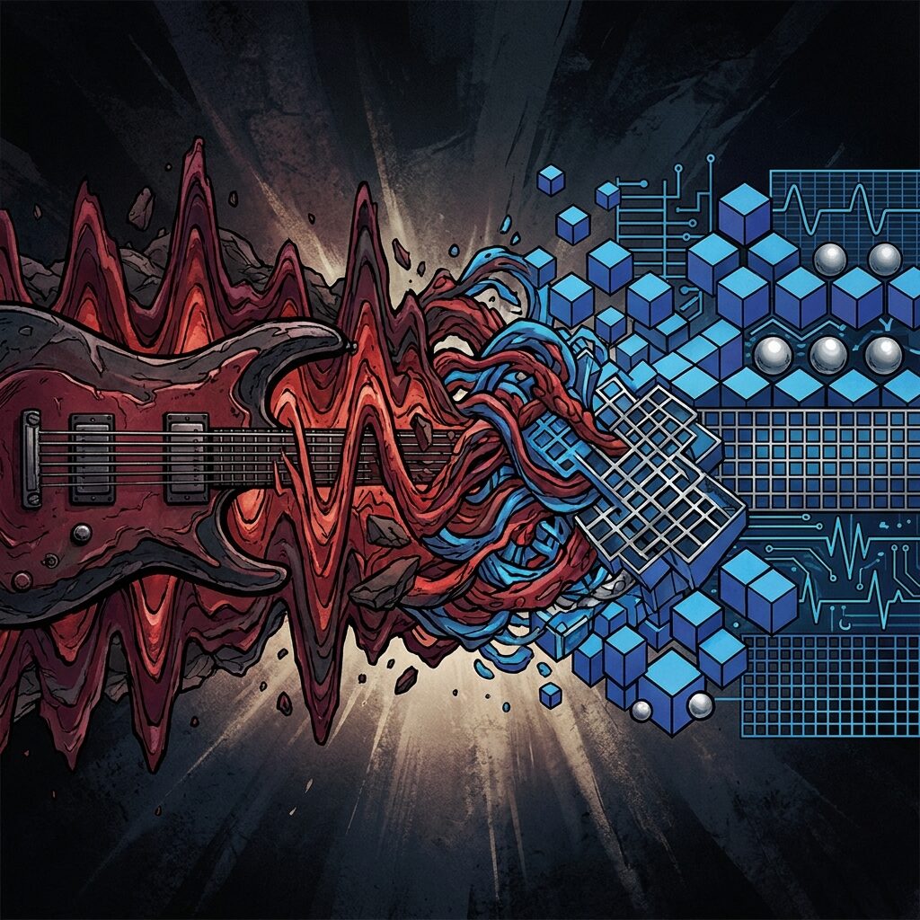 A stylized split-image illustration: on the left, a dark heavy electric guitar riff visualized as thick jagged sound waves in deep red and black. On the right, a hip-hop drum machine beat visualized as precise geometric patterns in cool blue and silver. The two halves merge in the center where the waves and patterns intertwine. Dark moody background, dramatic lighting from below. Abstract and artistic, evoking the fusion of rock and hip-hop. No text, no people.