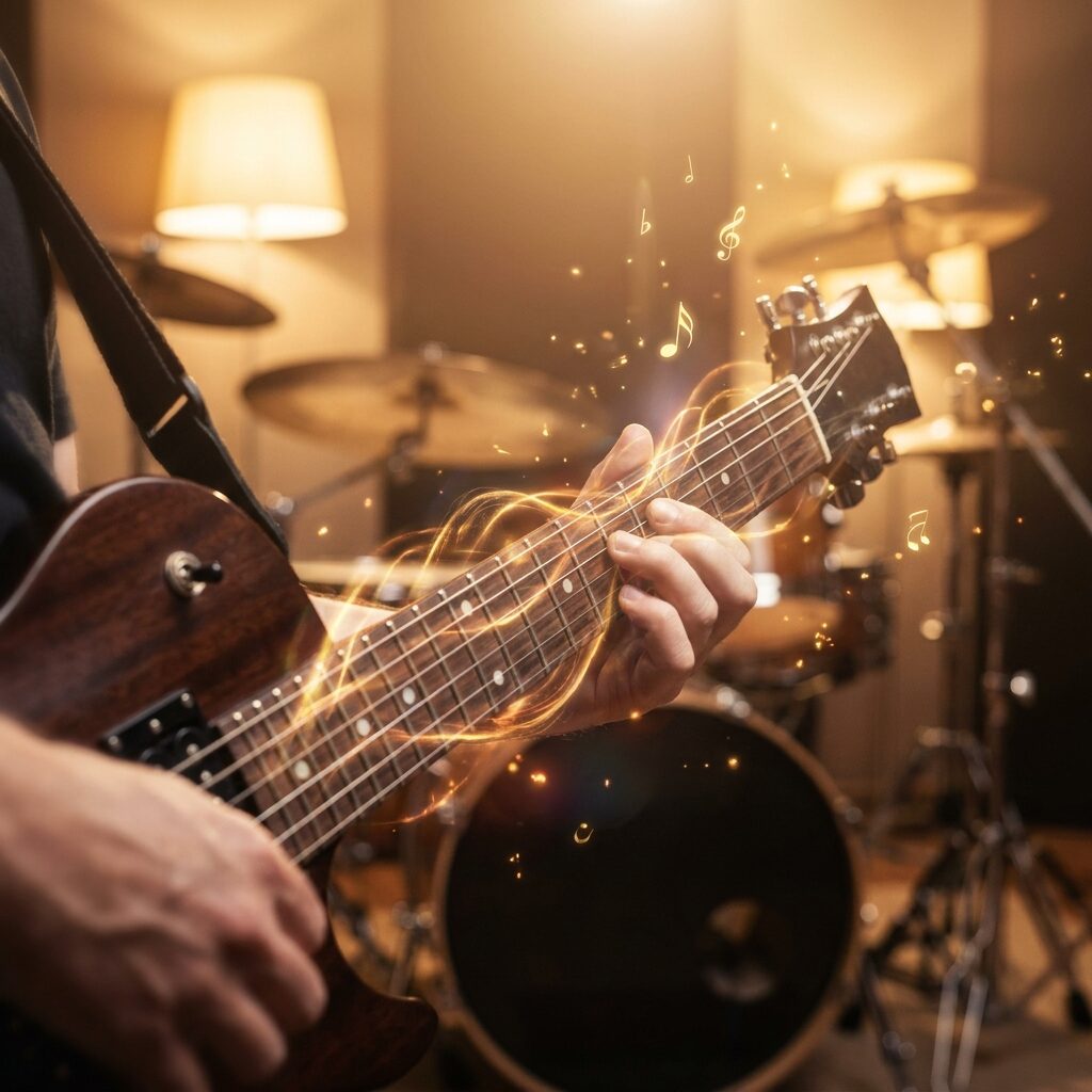 A stylized close-up of an electric guitar neck in drop D tuning, fingers fretting a chord shape, strings vibrating with visible energy waves, a drum kit slightly out of focus in the background, warm studio lighting with amber and gold tones, artistic lens flare, abstract musical notation floating in the air like particles, no text or real faces