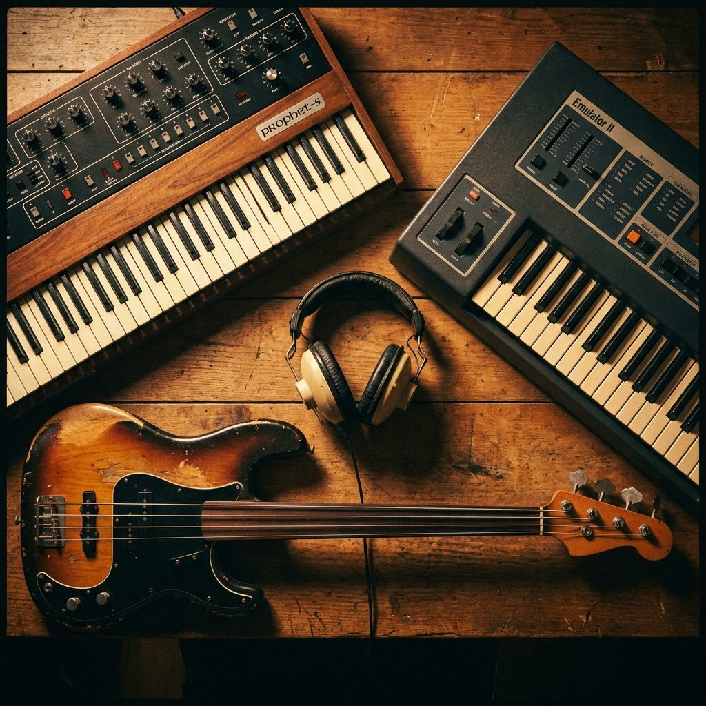 A stylized top-down view of vintage synthesizers and studio equipment arranged on a wooden surface — a Sequential Circuits Prophet-5, an E-mu Emulator II keyboard, a fretless bass guitar, and a pair of headphones, all bathed in warm studio light with dramatic shadows, rich detail on the knobs and keys, a mood of creative energy, color palette of warm wood tones, cream keys, and deep instrument blacks