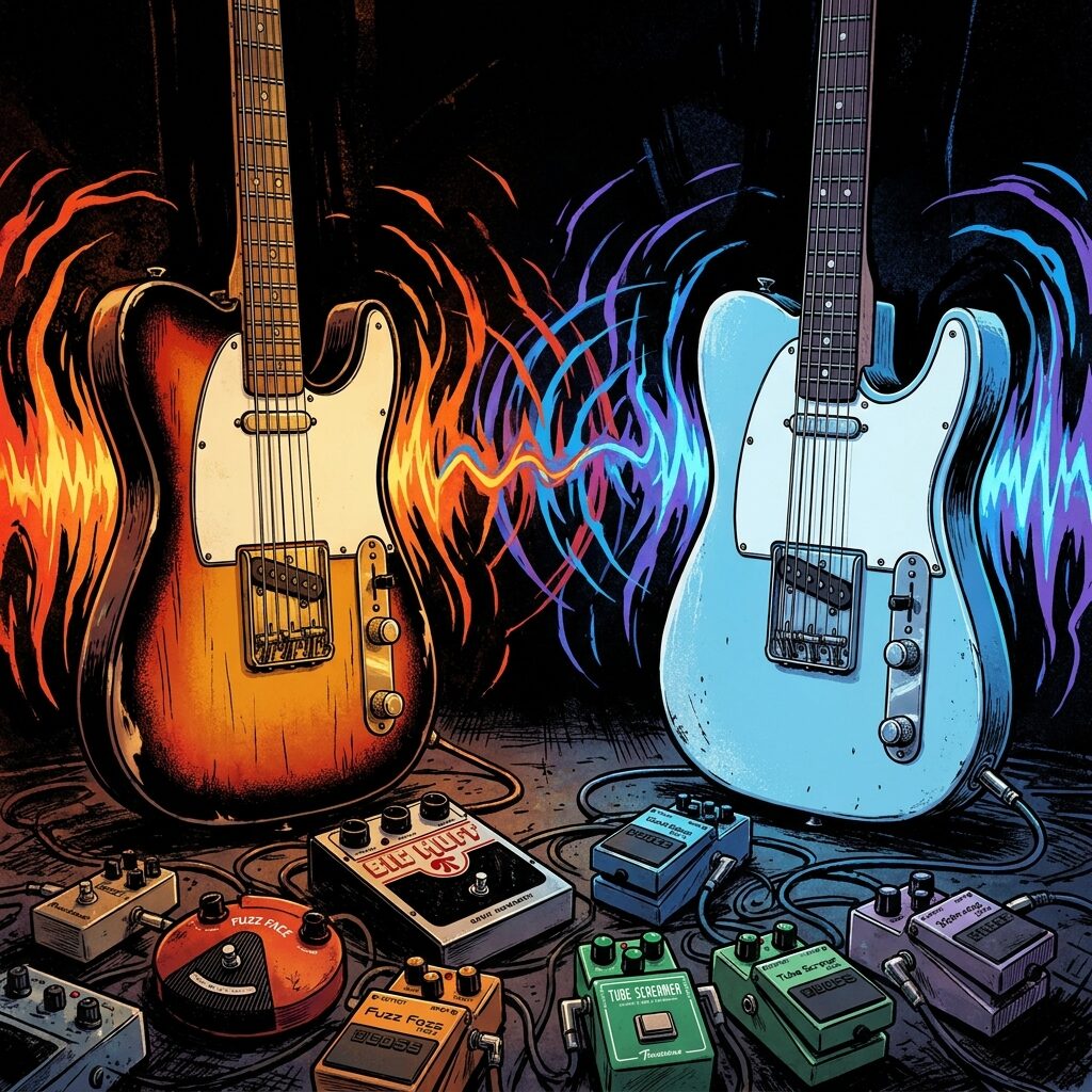 A detailed artistic rendering of two Fender Telecaster electric guitars facing each other in a symmetrical composition, one slightly warm-toned and one cool-toned, with visible guitar effect pedals scattered between them on a dark floor, thin lines of colored light representing sound waves emanating from each guitar and interweaving in the space between them, the overall mood is electric and tense, rendered in a bold graphic style with high contrast