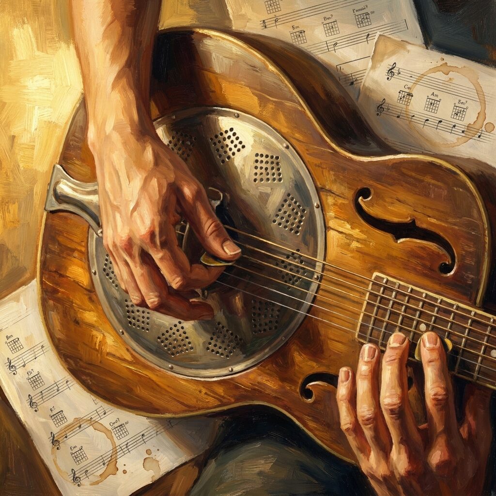 An artistic overhead view of hands fingerpicking a resonator guitar, close-up showing thumb and two fingers on steel strings, the circular resonator cone visible beneath, warm golden light from one side creating dramatic shadows, sheet music with chord diagrams scattered nearby, intimate and detailed, painterly illustration style