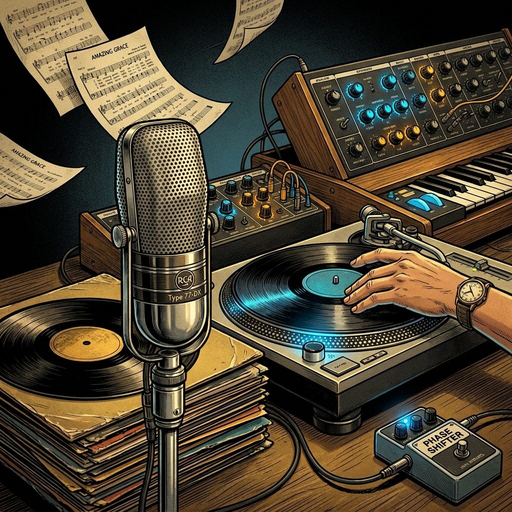 A stylized arrangement of vintage musical equipment: a 1950s ribbon microphone, vinyl records, a turntable with a DJ