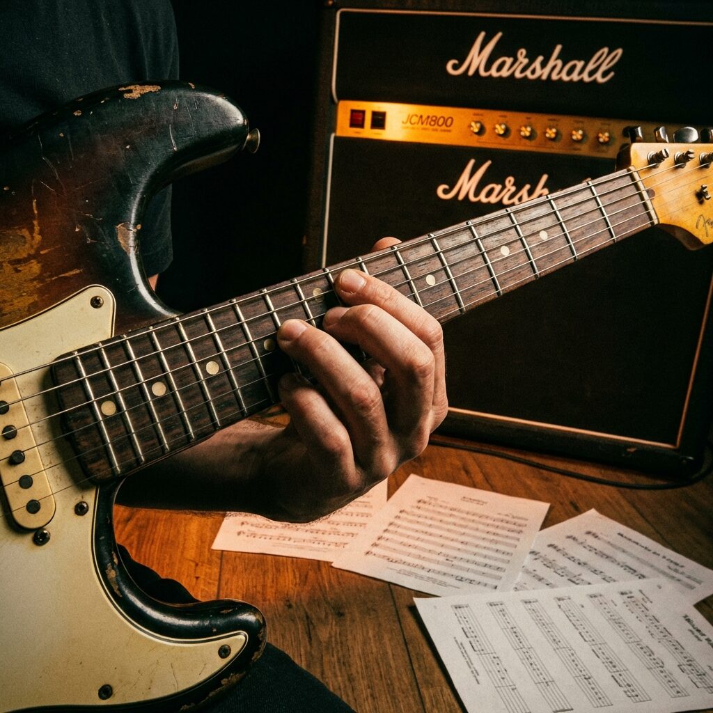A close-up of electric guitar strings being muted by a player