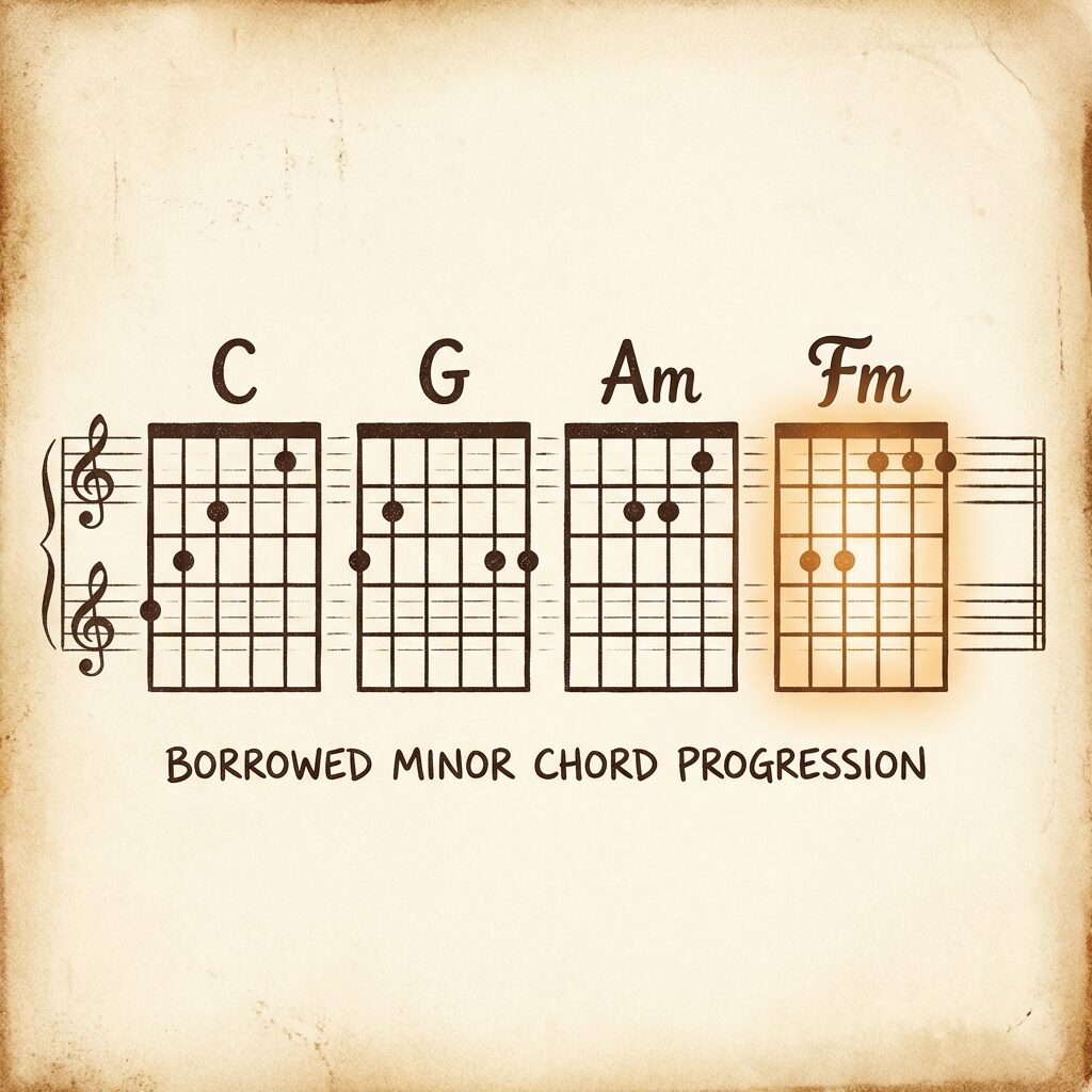 A stylized close-up artistic rendering of a vintage Rickenbacker electric guitar resting on an old amplifier, with visible reverb and tremolo knobs turned up. Soft golden light illuminates the guitar