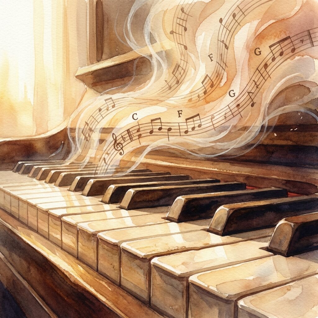 A stylized close-up view of piano keys from a low angle, with translucent musical notation floating above them like gentle wisps of smoke. The keys are ivory and warm-toned, slightly worn. Sheet music fragments with chord symbols (C, F, G) drift upward. Soft golden light from the left. The mood is contemplative and reverent. Painterly watercolor style with warm amber and cream tones. Square composition.