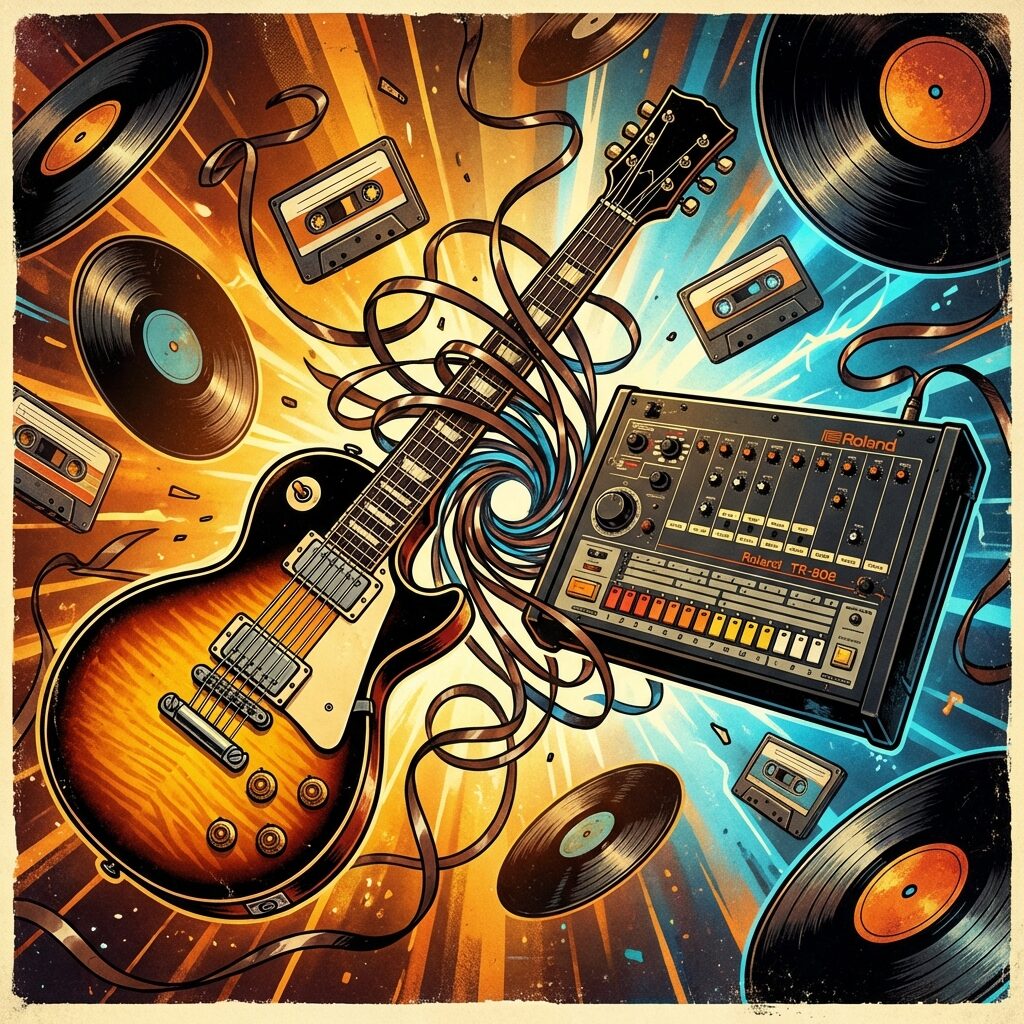 A stylized artistic composition showing a collision of musical worlds: a Led Zeppelin-style electric guitar and a Roland TR-808 drum machine facing each other, connected by swirling ribbons of magnetic tape. Vinyl records float in the background alongside cassette tapes. The color palette mixes warm amber and orange tones with cool electric blues. The style is bold and graphic, like a vintage concert poster reimagined with modern design sensibility. No text or logos visible.