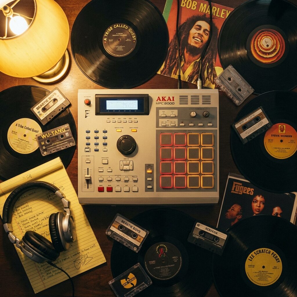 A stylized top-down view of a music production workspace from the mid-1990s, an MPC drum machine with illuminated pads at center, surrounded by vinyl records from different genres — soul, reggae, hip-hop — scattered cassette tapes, a pair of large headphones, handwritten notes on yellow legal pad, warm golden lighting with deep shadows, vintage color grading, artistic flat-lay composition, square format