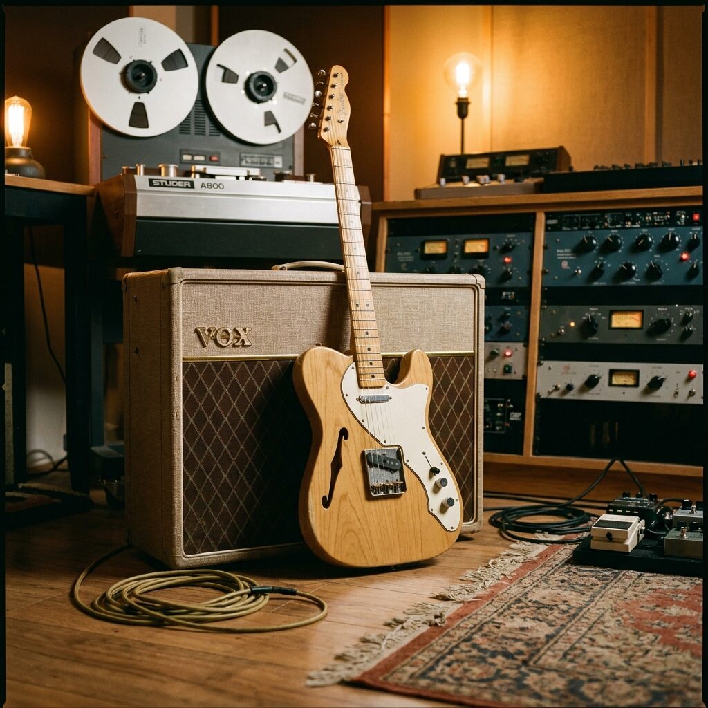 A Fender Telecaster Thinline electric guitar leaning against a Vox AC30 amplifier in a recording studio, analog tape reels turning in the background, vintage outboard gear with glowing meters, patch cables on the floor, warm tungsten studio lighting, shallow depth of field, photorealistic, cinematic