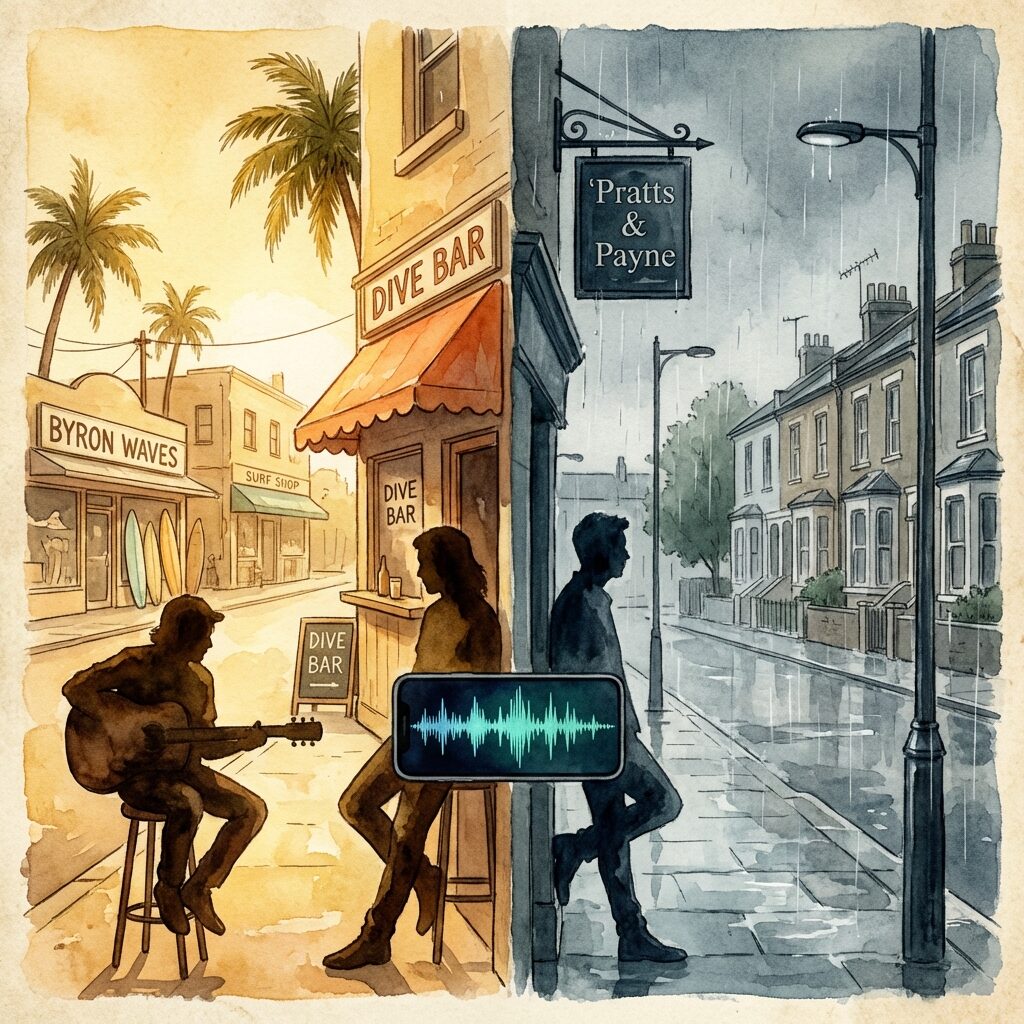 A stylized artistic scene of a sun-bleached Australian coastal town — Byron Bay vibes with a surf shop, palm trees, and a small dive bar with a faded awning. In the foreground, two figures are rendered as painterly silhouettes: one sitting on a barstool with a guitar across his lap, the other leaning against a doorframe. A phone screen glows between them showing a voice memo waveform. The scene is split — one half warm golden Australian sunlight, the other half grey-blue South London drizzle with terraced houses and a pub sign reading 
