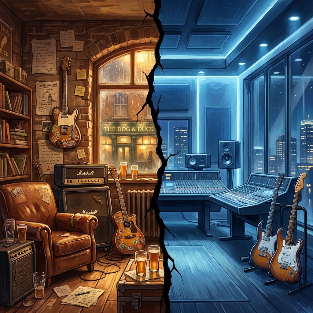 A stylized split-scene composition: on the left, a cozy, cluttered South London home studio with vintage gear, pint glasses, handwritten notes taped to walls, warm amber lighting filtering through a rain-streaked window, and a pub sign visible outside. On the right, a sleek, modern recording studio with polished equipment, clean lines, cool blue lighting, and a glass window looking out at a city skyline at night. The two halves are separated by a jagged crack down the middle. Both sides have guitars — the left side