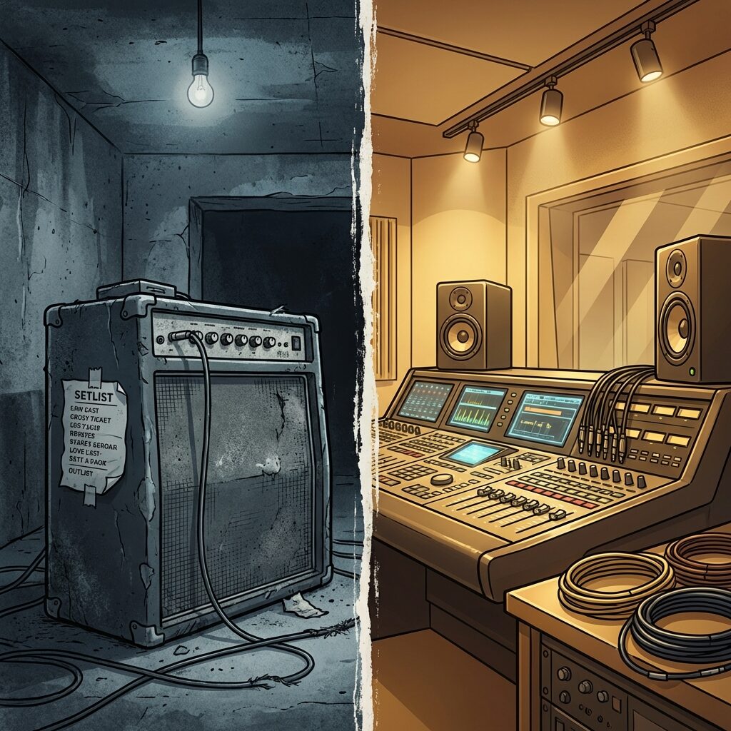 A dramatic split-image composition: on the left side, a gritty, lo-fi aesthetic — a dusty guitar amplifier with frayed cables, a crumpled setlist, dim overhead bulb in a punk club basement, all in desaturated cool blues and grays. On the right side, the same musical elements transformed into a sleek, polished studio environment — pristine mixing console, clean cable runs, professional monitor speakers glowing softly, warm golden studio lighting. A visible dividing line runs down the center. The contrast between raw and refined is stark and immediate. Square format, stylized illustration with high contrast.