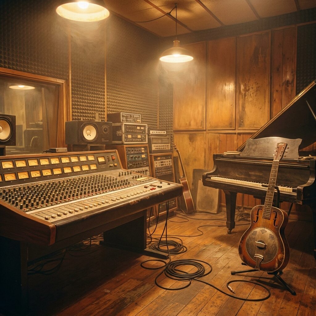 Interior of a vintage 1980s New York recording studio, warm analog feel, a mixing console with illuminated VU meters in the foreground, a resonator guitar on a stand next to a grand piano, cables snaking across a wooden floor, soft amber overhead lighting, slightly hazy atmosphere, photorealistic with painterly warmth