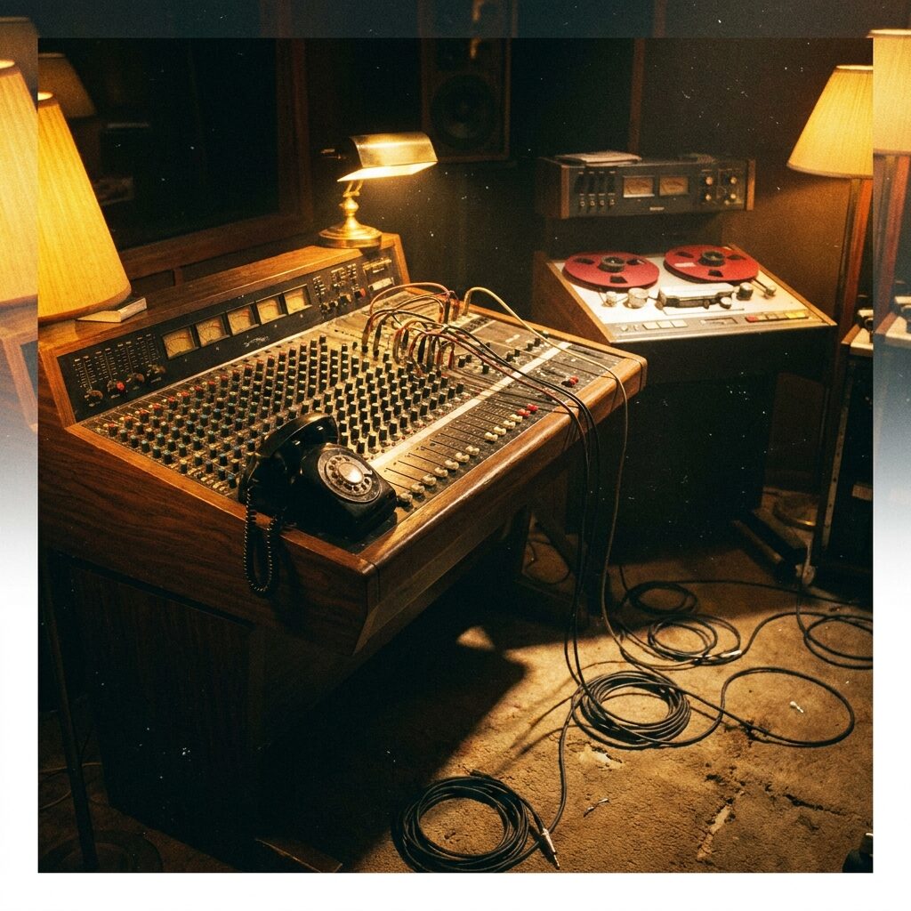 A vintage recording studio interior from the 1990s, warm golden lighting illuminating a large analog mixing console with rows of knobs and faders, a reel-to-reel tape machine spinning slowly in the background, an old-fashioned telephone receiver lying off the hook on the console, cables draped across the floor, moody atmospheric shadows, cinematic composition, no text or faces visible